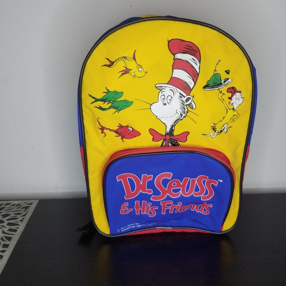 1997 Dr Seuss And His Friends Kids Backpack Small Yellow Red Blue Vintage